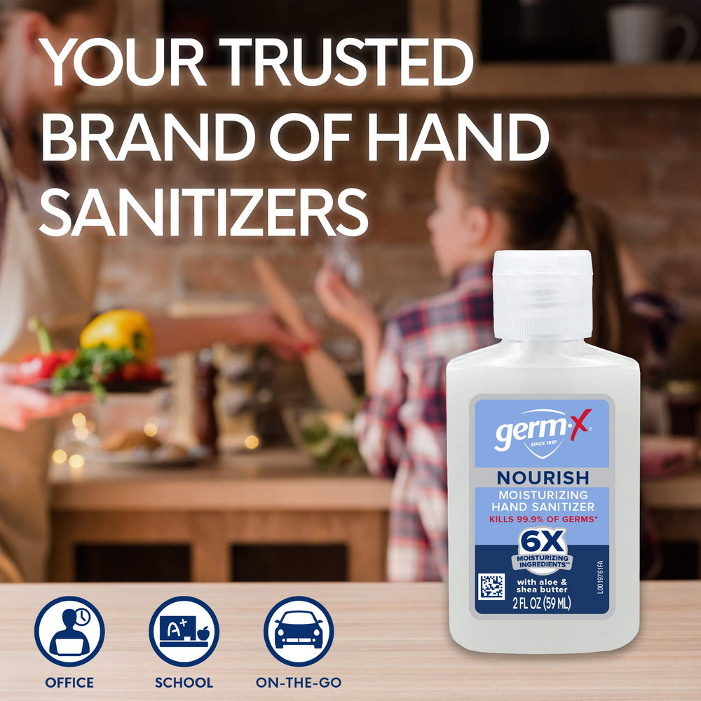 Germ-X Nourish clear gel formula for effective sanitizing without residue.