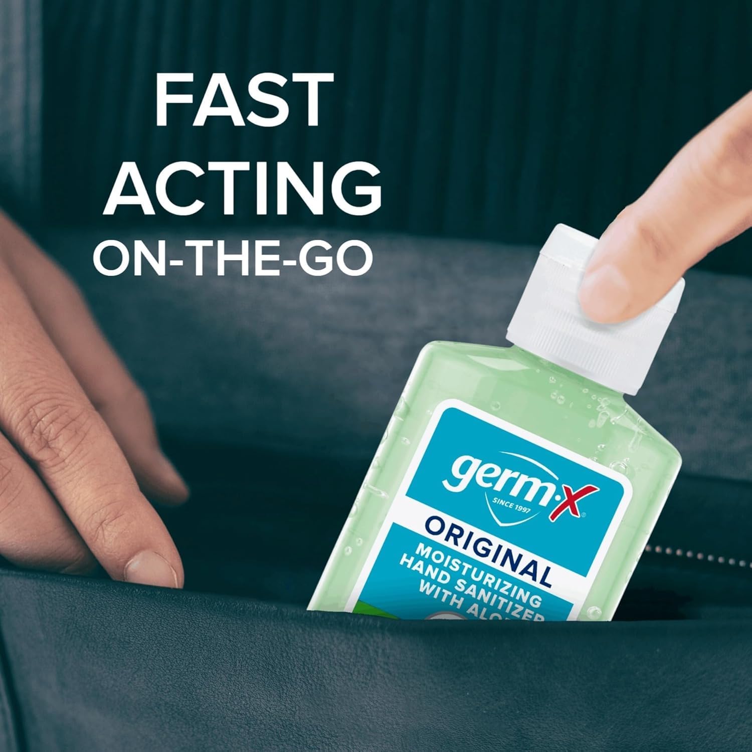 Germ-X on-the-go use from pocket-size bottle.