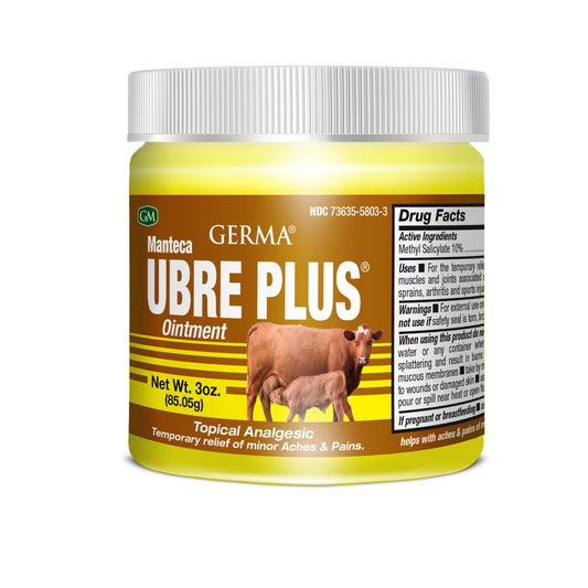 Germa Manteca Ubre Plus tube close-up showing extra-strength topical formula for quick relief