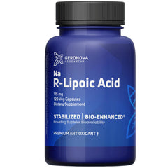 Geronova Research Bio-Enhanced R-Lipoic Acid bottle front view showing enhanced absorption
