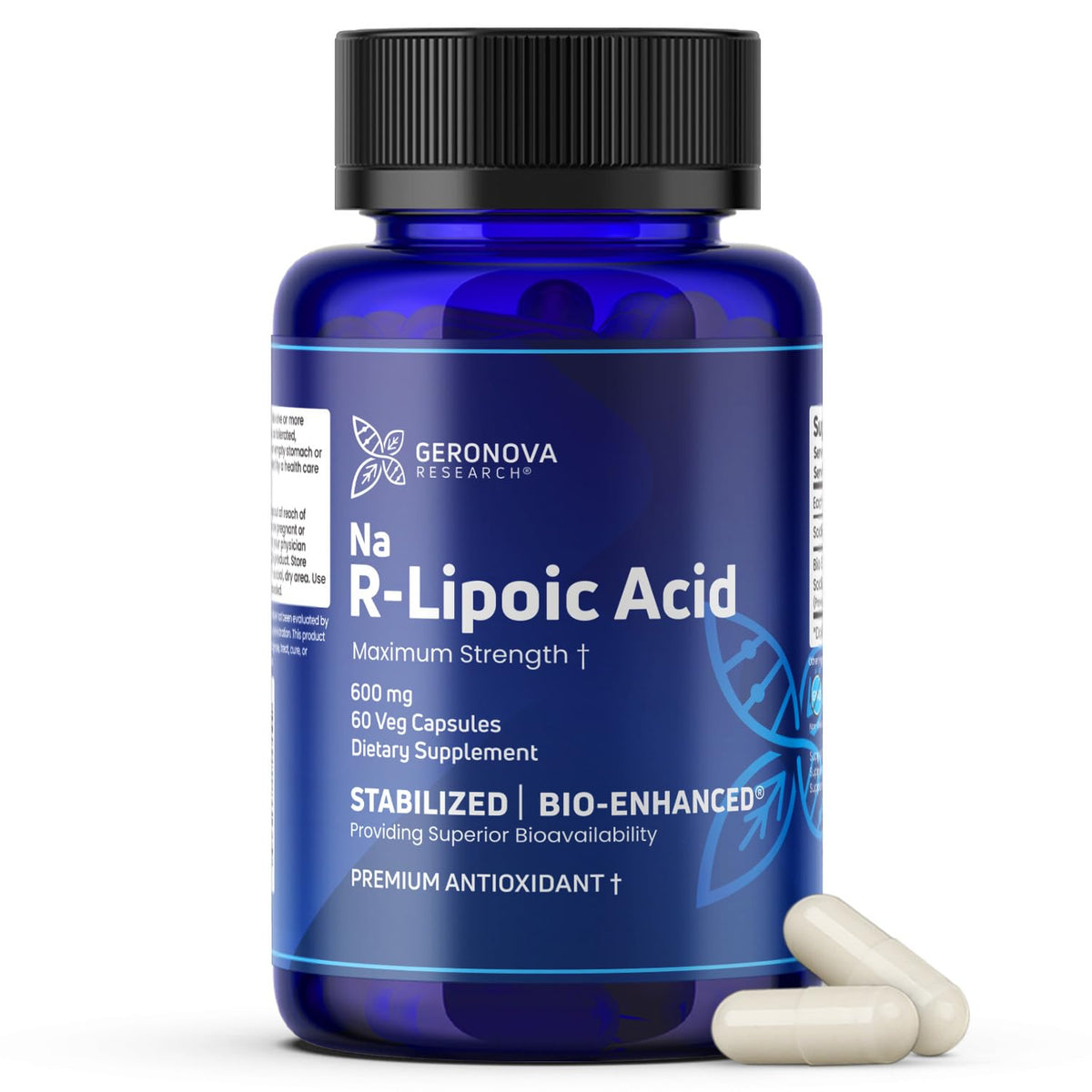 Geronova Bio-Enhanced R-Lipoic Acid bottle showcases 60 capsules for daily antioxidant support.