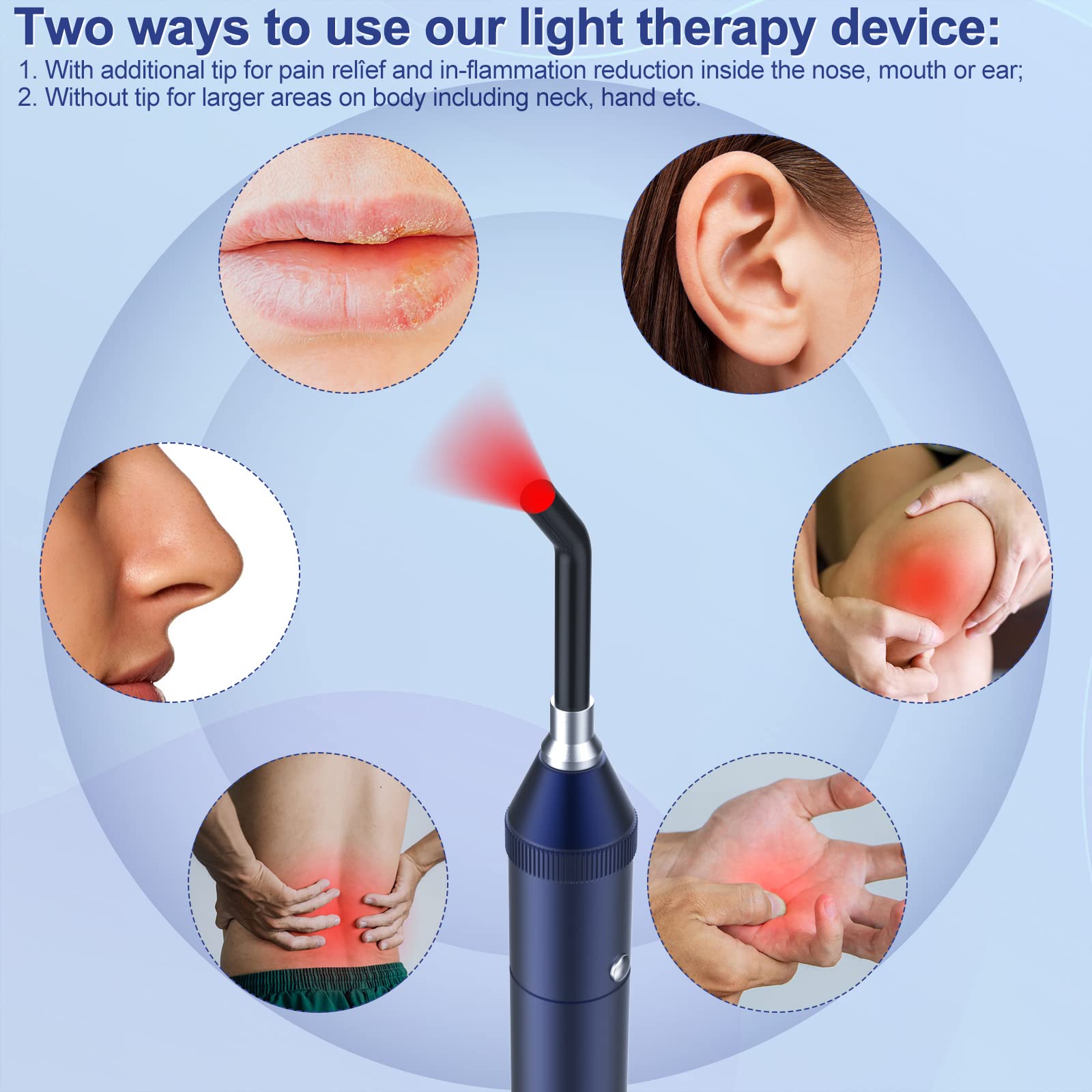 Gerylove wand targets ears, nose, and mouth for localized comfort.