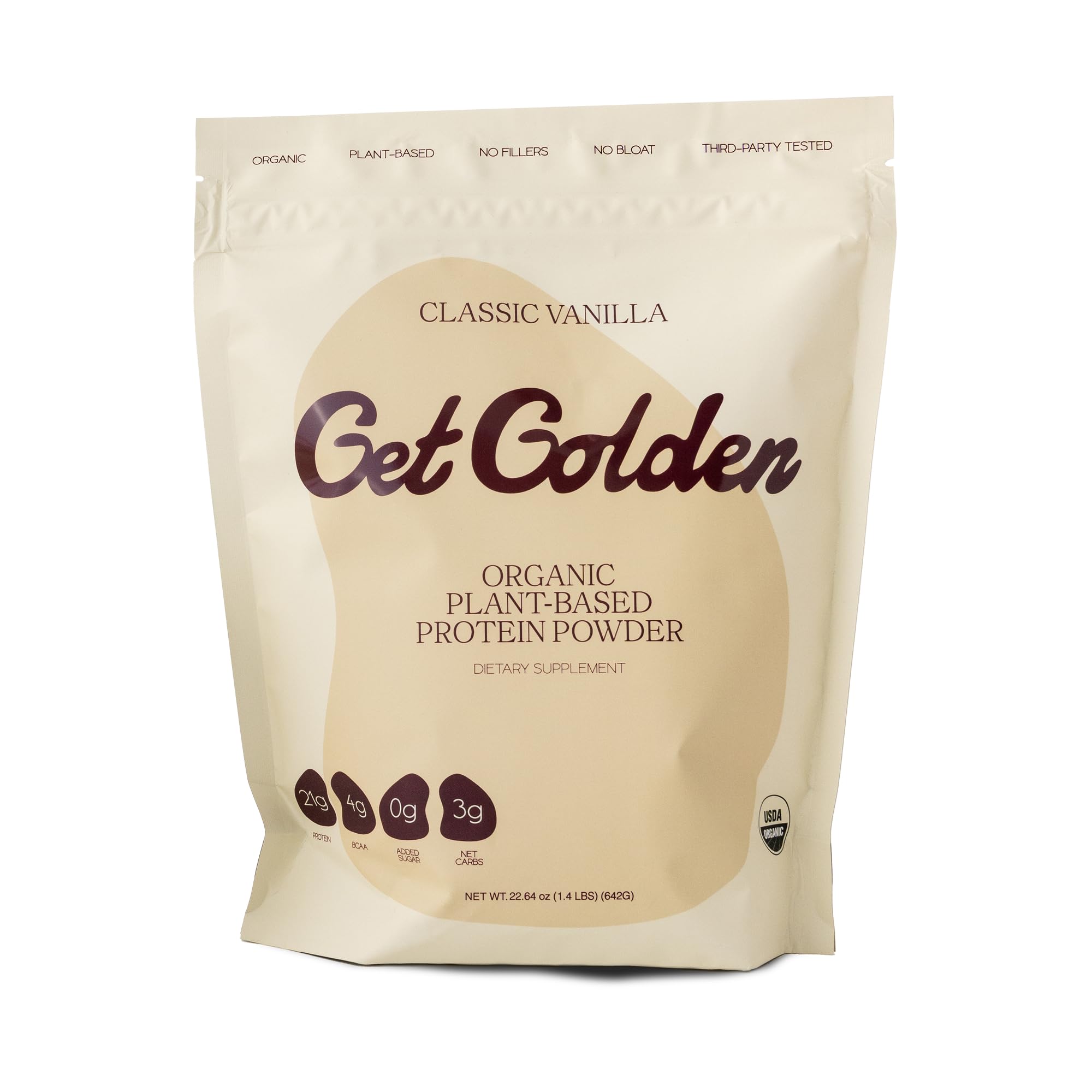 Get Golden vanilla protein powder bag — ideal for shakes and smoothies.
