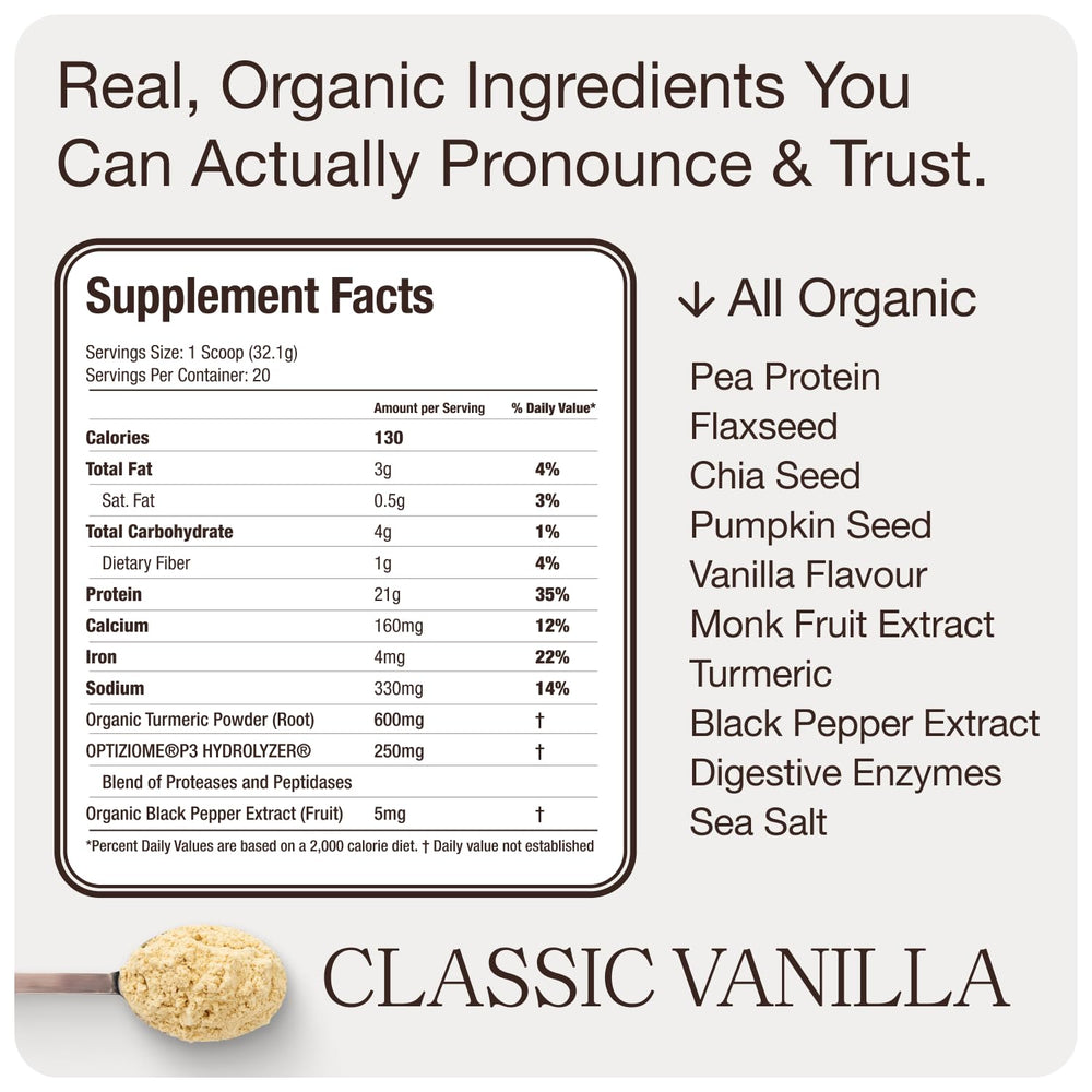Get Golden vanilla protein powder bottle closeup — features organic ingredients and clean label.