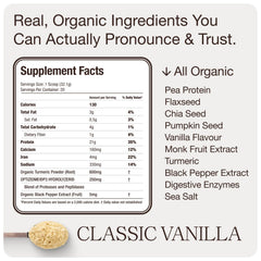 Get Golden vanilla protein powder bottle closeup — features organic ingredients and clean label.