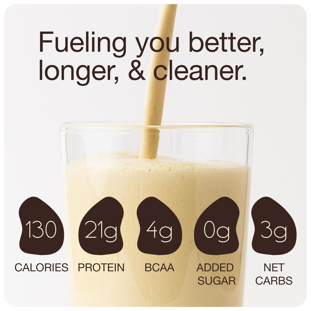 Get Golden vanilla protein powder shake glass — creamy vanilla flavor for a smooth drink.