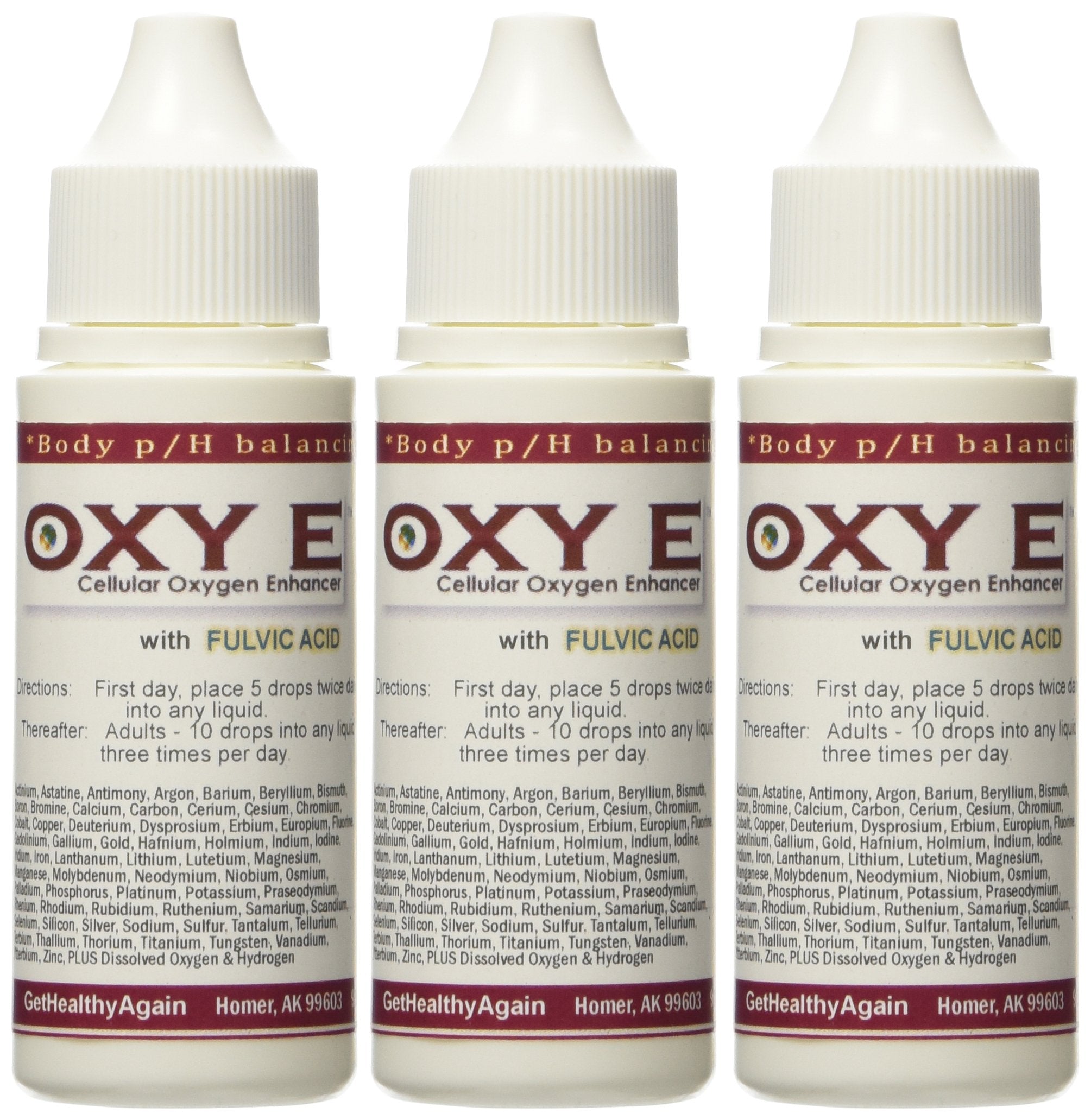 Get Healthy Again Oxy E 3 Pack bottle pour; easy drops for daily energy.
