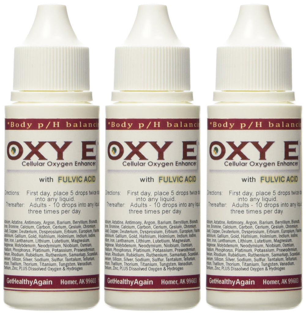 Get Healthy Again Oxy E 3 Pack bottle pour; easy drops for daily energy.