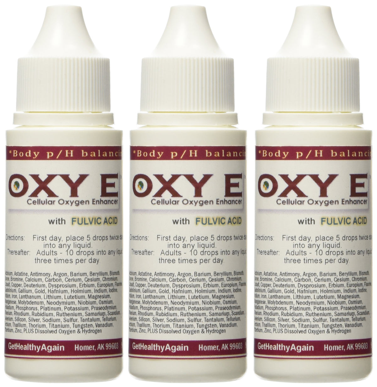 Get Healthy Again Oxy E 3 Pack bottle pour; easy drops for daily energy.