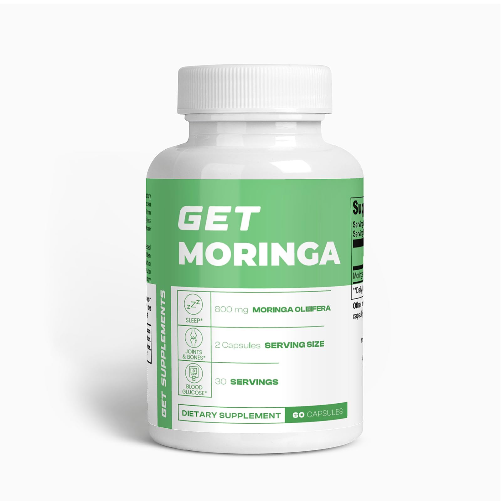 GET Supplements Moringa bottle front with vegan capsules for daily energy.