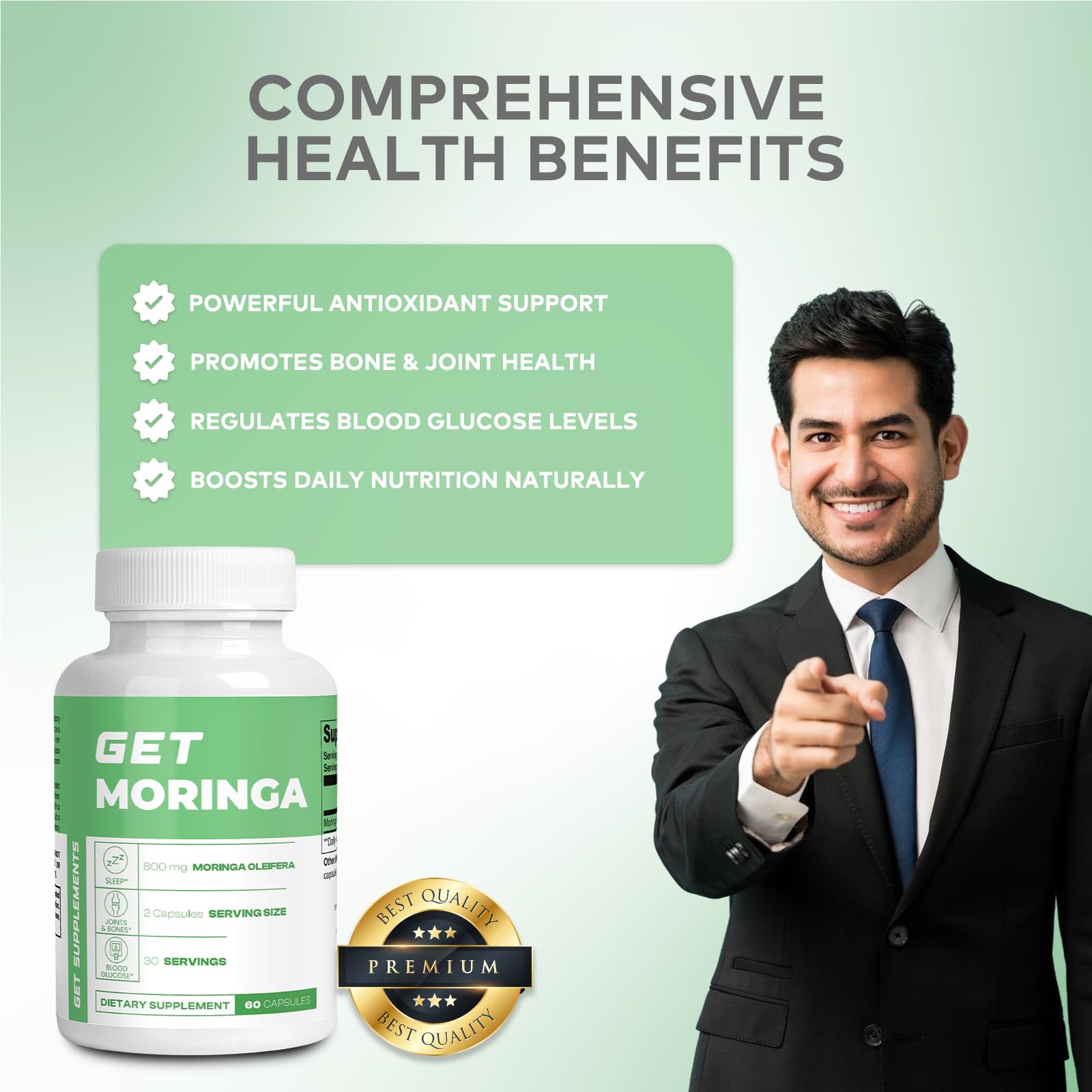 GET Supplements Moringa bottle pouring capsules for easy daily use.