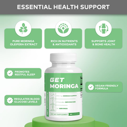 GET Supplements Moringa capsules closeup showing 500 mg per serving.