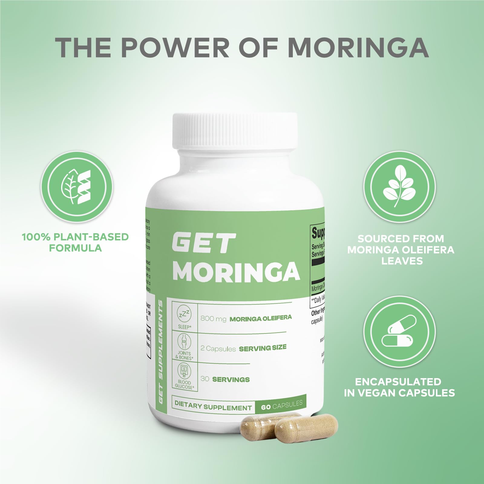 GET Supplements Moringa nutrition label detail focusing on clean ingredients.
