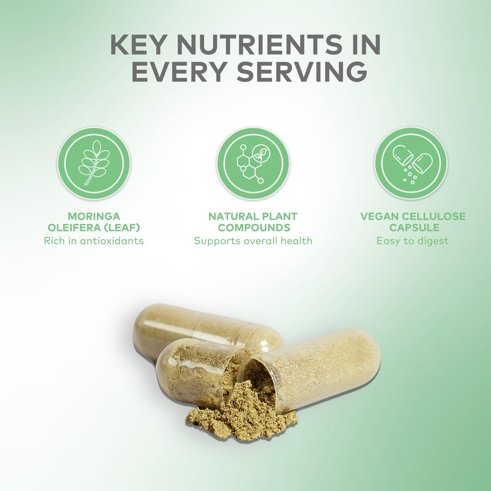 GET Supplements Moringa packaging displays non-GMO vegan icon.