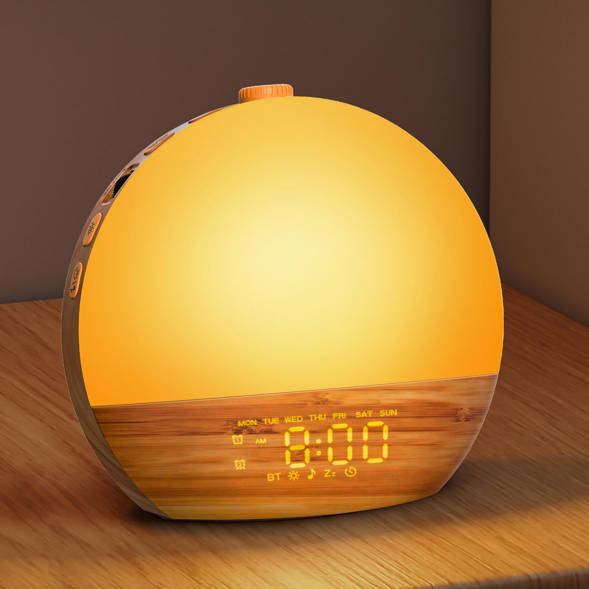 Geuuap sunrise alarm clock in a wood grain finish showing warm dawn glow for gentle wake