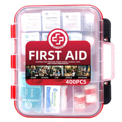 Gevoke 400-piece first aid kit front view showing durable case for home or car