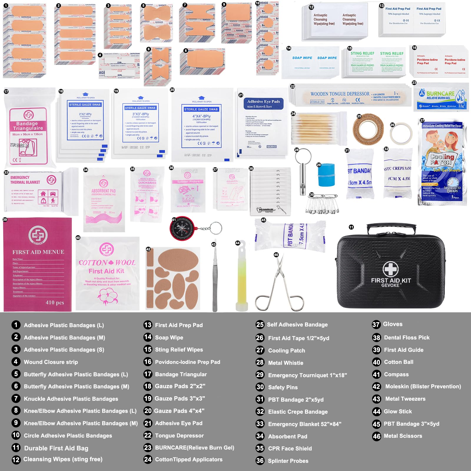 Gevoke first aid kit with five transparent compartments for quick access