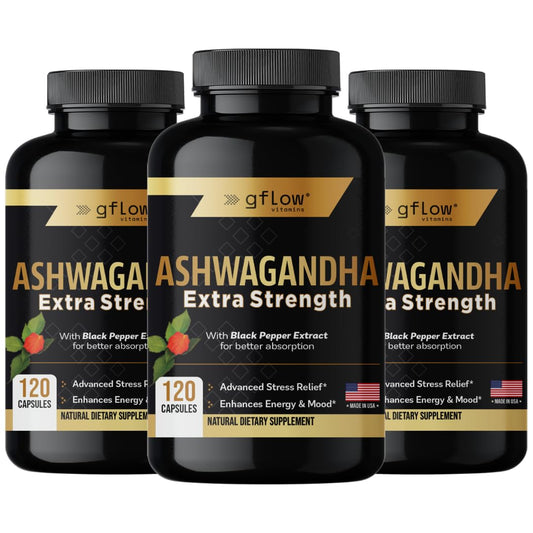 Gflow Vitamins Ashwagandha bottle with capsules supporting daily energy and mood balance.