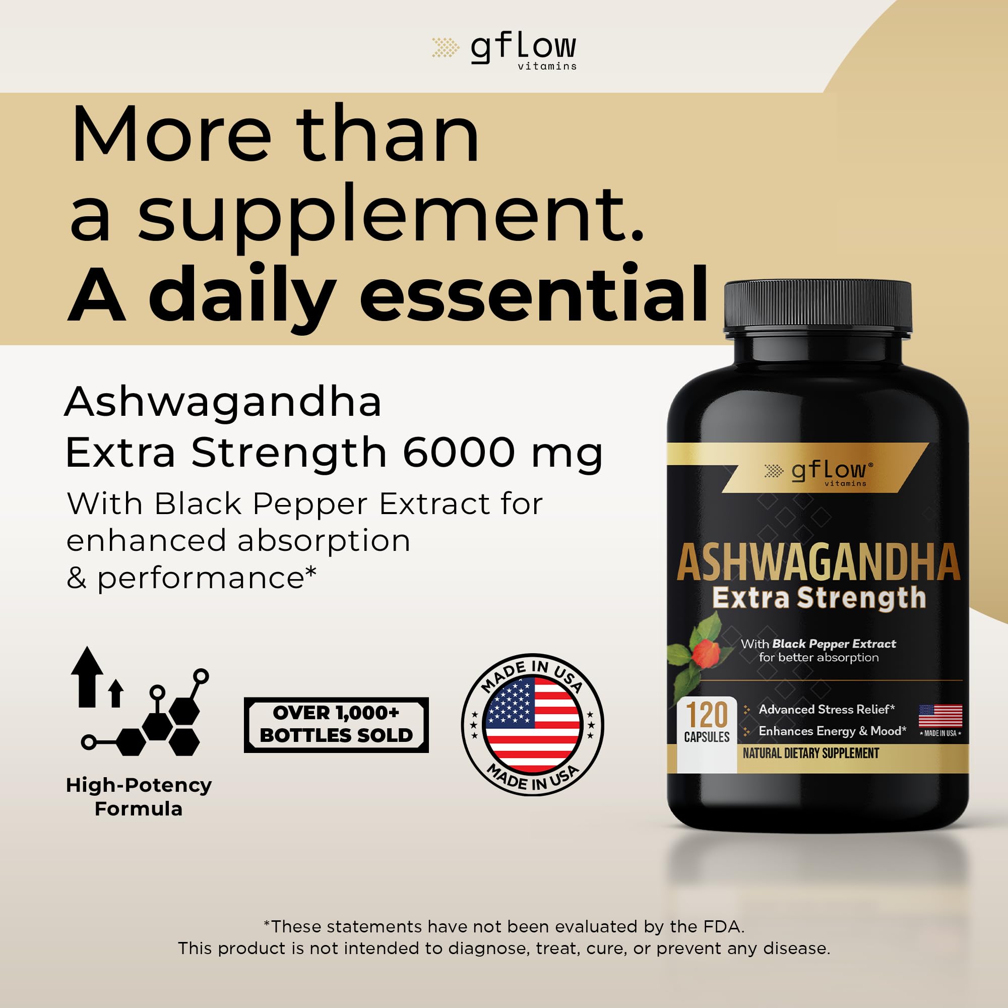 Gflow Ashwagandha capsules close-up highlighting vegan, non-GMO formula.