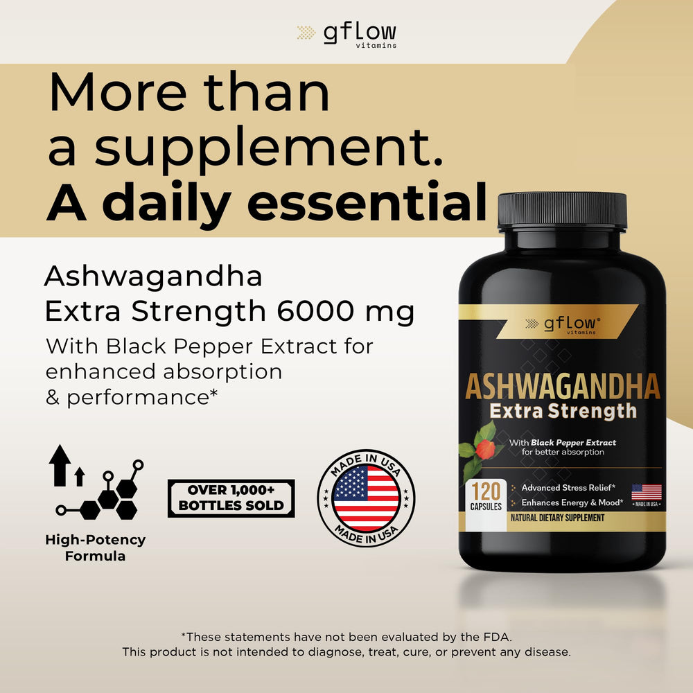 Gflow Ashwagandha capsules close-up highlighting vegan, non-GMO formula.