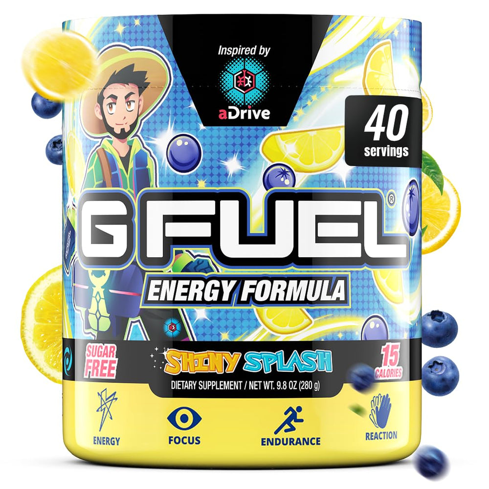 G Fuel aDrive blueberry-lemonade tub front for sugar-free energy and focus.