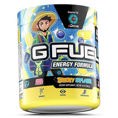 G Fuel aDrive lifestyle shot beside a gaming setup conveying sustained performance.