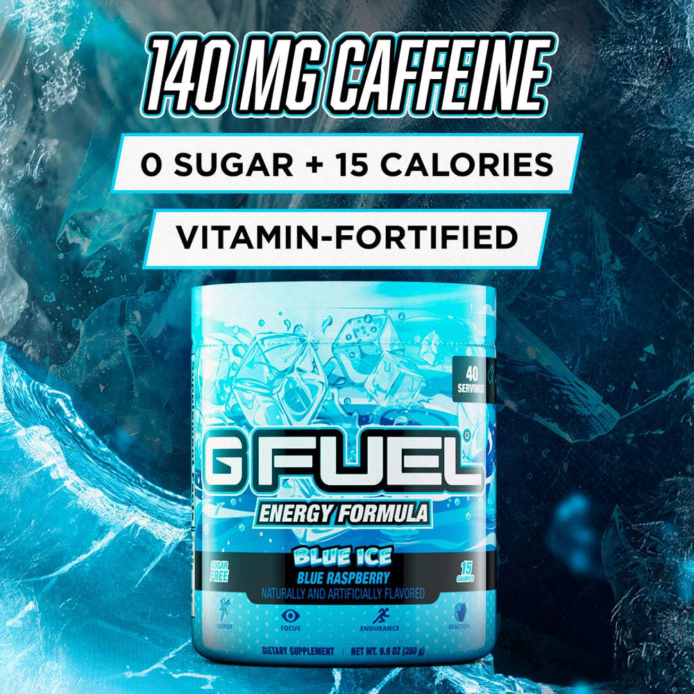 G Fuel Blue Ice in a glass with ice for refreshing energy during sessions.