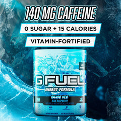 G Fuel Blue Ice in a glass with ice for refreshing energy during sessions.