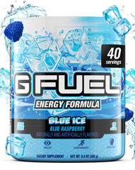 G Fuel Blue Ice powder scoop in canister boosts gaming focus.