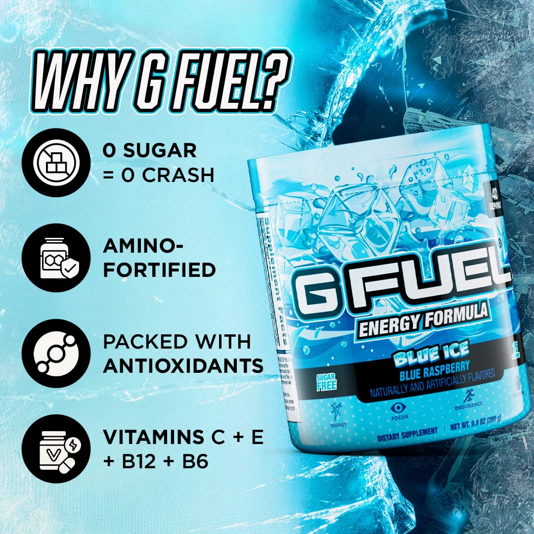 G Fuel Blue Ice tub label emphasizes antioxidants and vitamins for daily use.