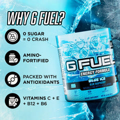 G Fuel Blue Ice tub label emphasizes antioxidants and vitamins for daily use.