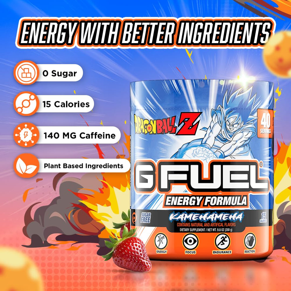 G Fuel Dragon Ball Z powder scoop over glass with pink lychee swirls.