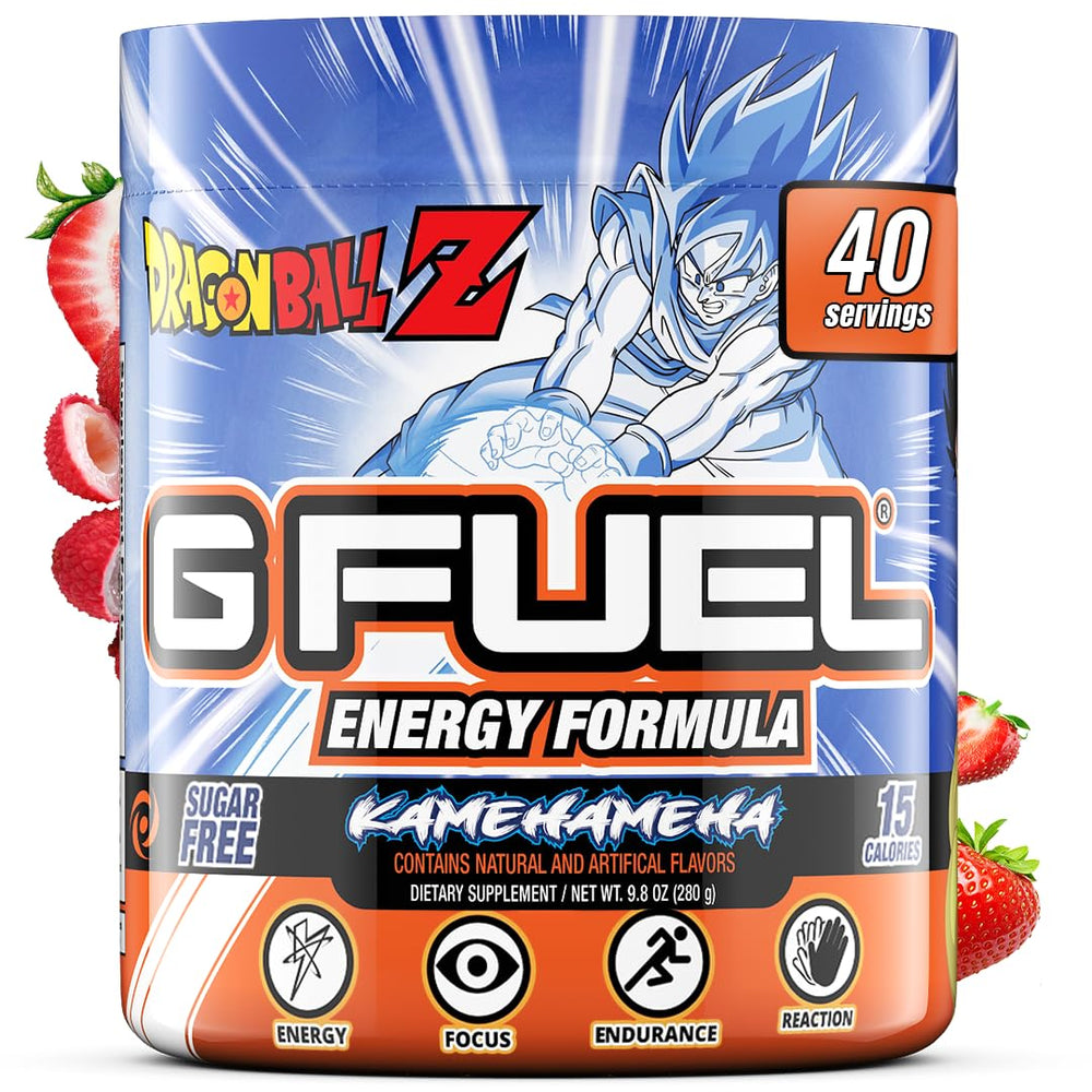 G Fuel Dragon Ball Z tub beside gaming monitor for focused energy.