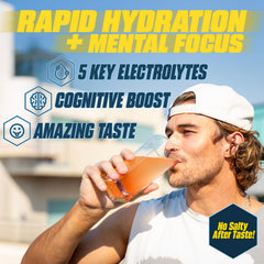 G Fuel Electrolytes Orange Oasis glass with ice showing a sugar-free hydration moment.