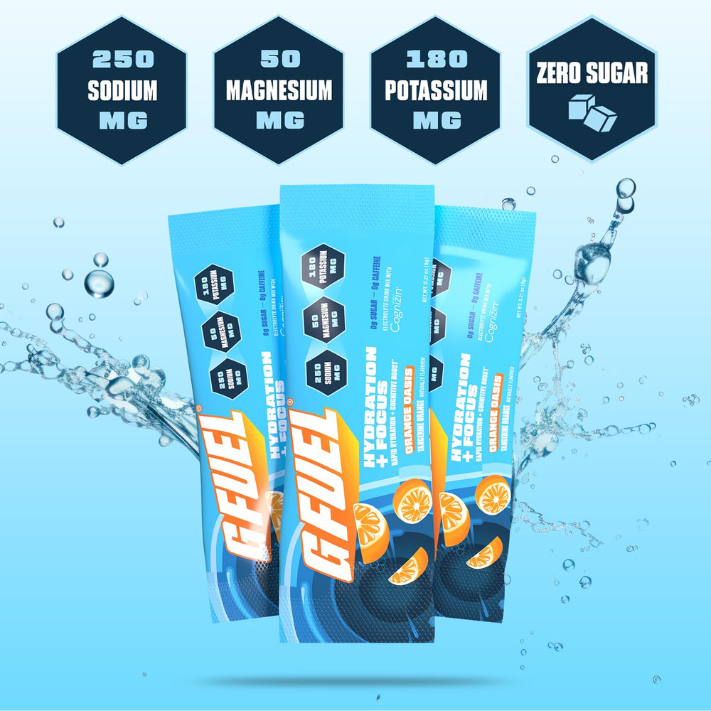 G Fuel Electrolytes Orange Oasis scoop mixing precise daily hydration.