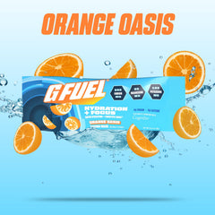 G Fuel Electrolytes Orange Oasis serving poured into a glass for focused refreshment.