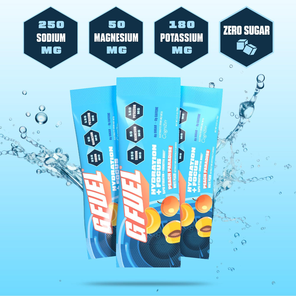 G Fuel Peach electrolytes close-up as powder dissolves in water.