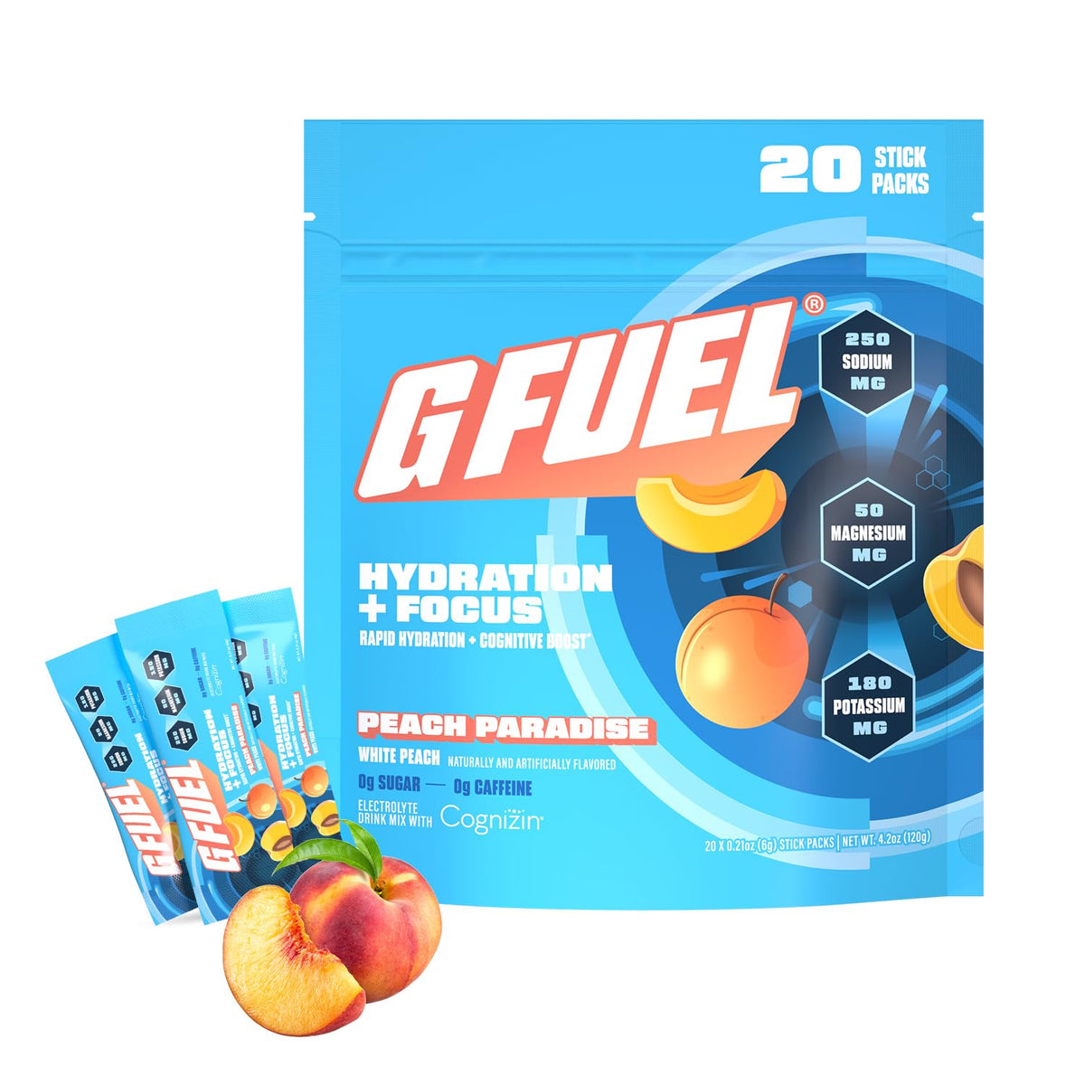G Fuel Electrolytes Peach front label for quick hydration.