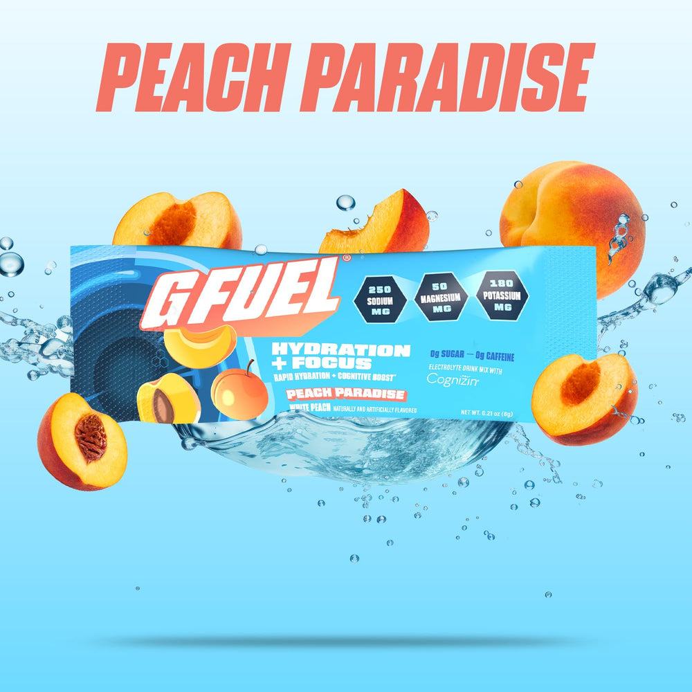 G Fuel Peach electrolyte packet poured into water for instant refreshment.