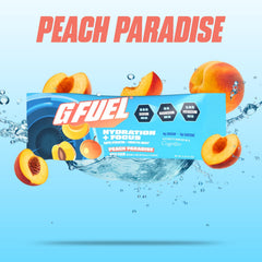 G Fuel Peach electrolyte packet poured into water for instant refreshment.