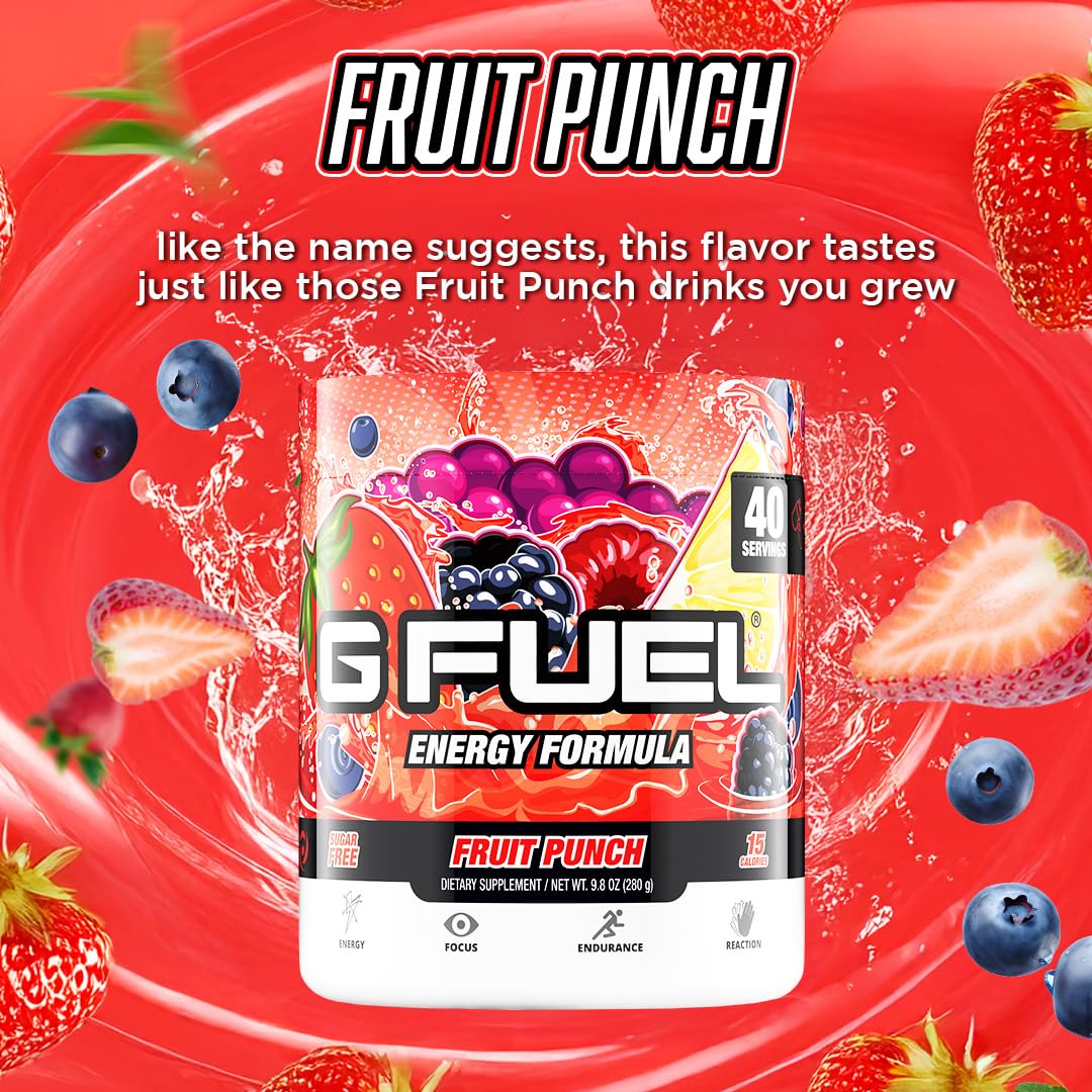 G Fuel Fruit Punch caffeine boost bottle illustrates energy on demand for gaming