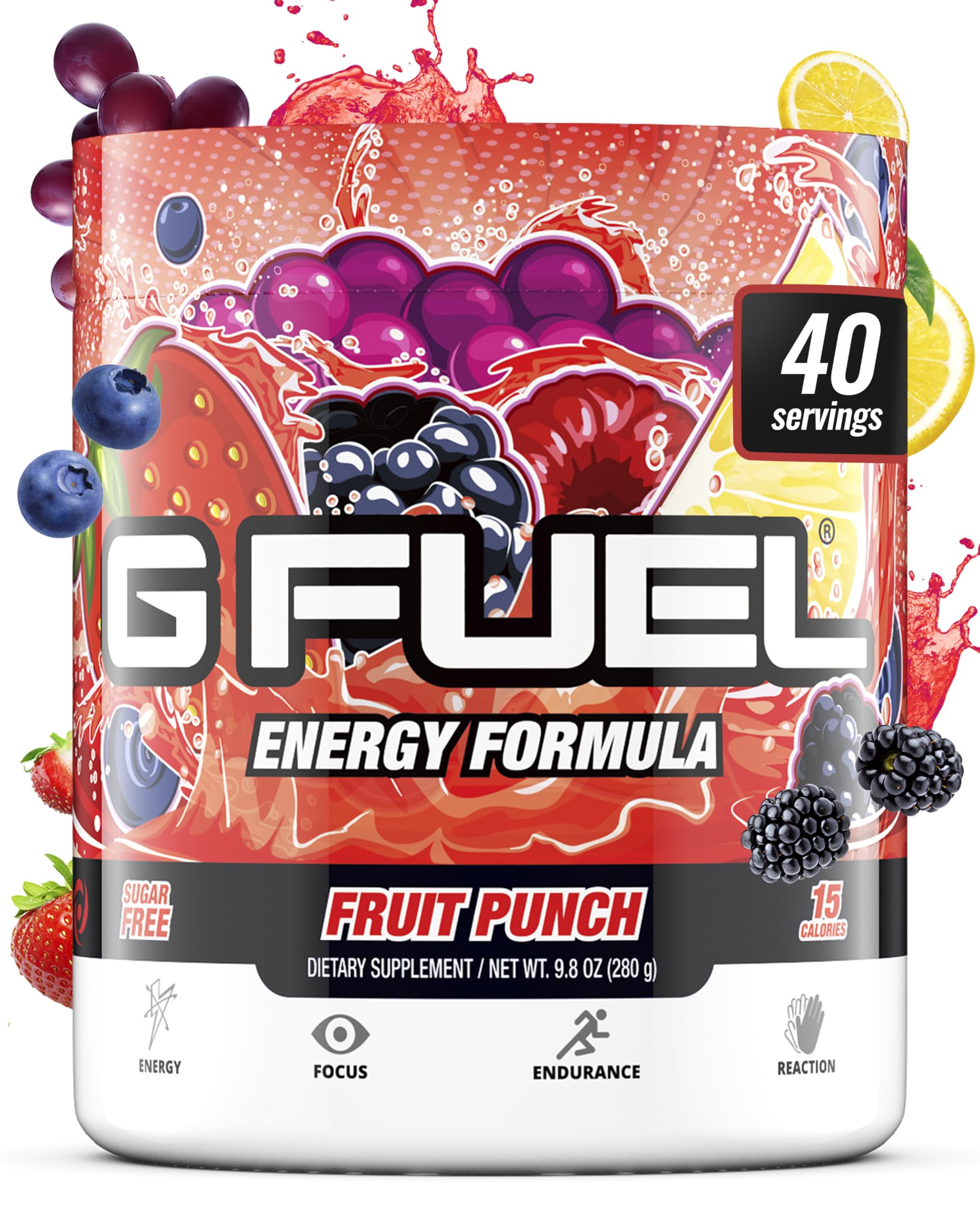 G Fuel Fruit Punch energy tub front highlights clean, sustained energy for gaming