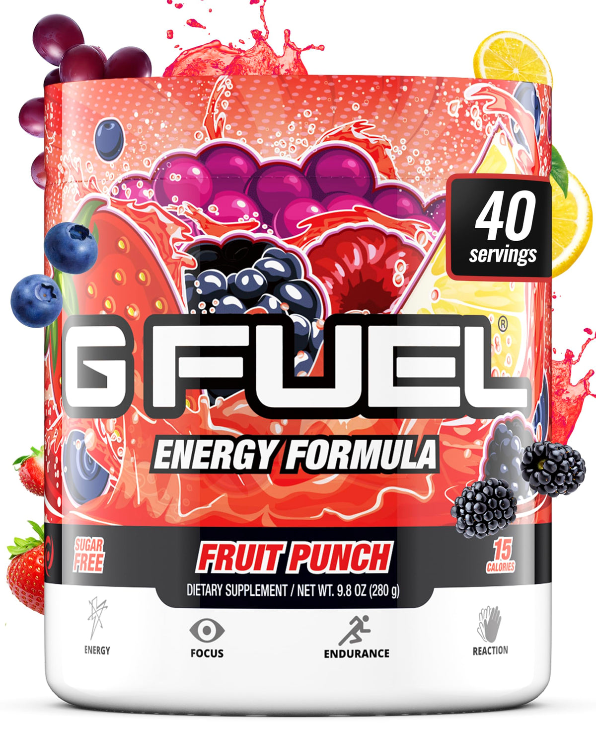 G Fuel Fruit Punch energy tub front highlights clean, sustained energy for gaming