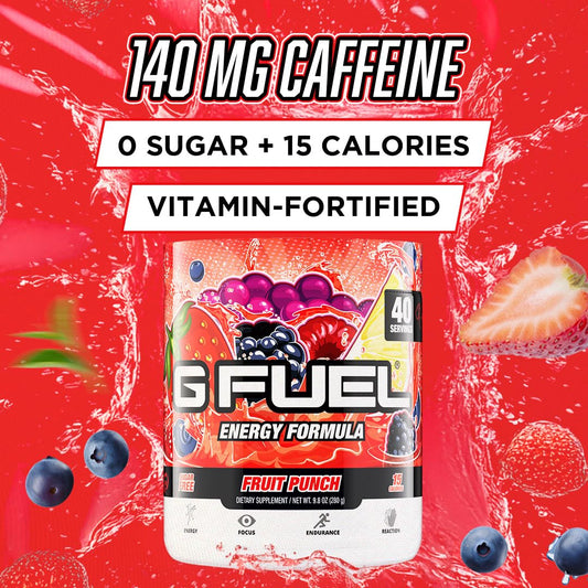 G Fuel Fruit Punch powder scoop shows convenient serving for quick workouts