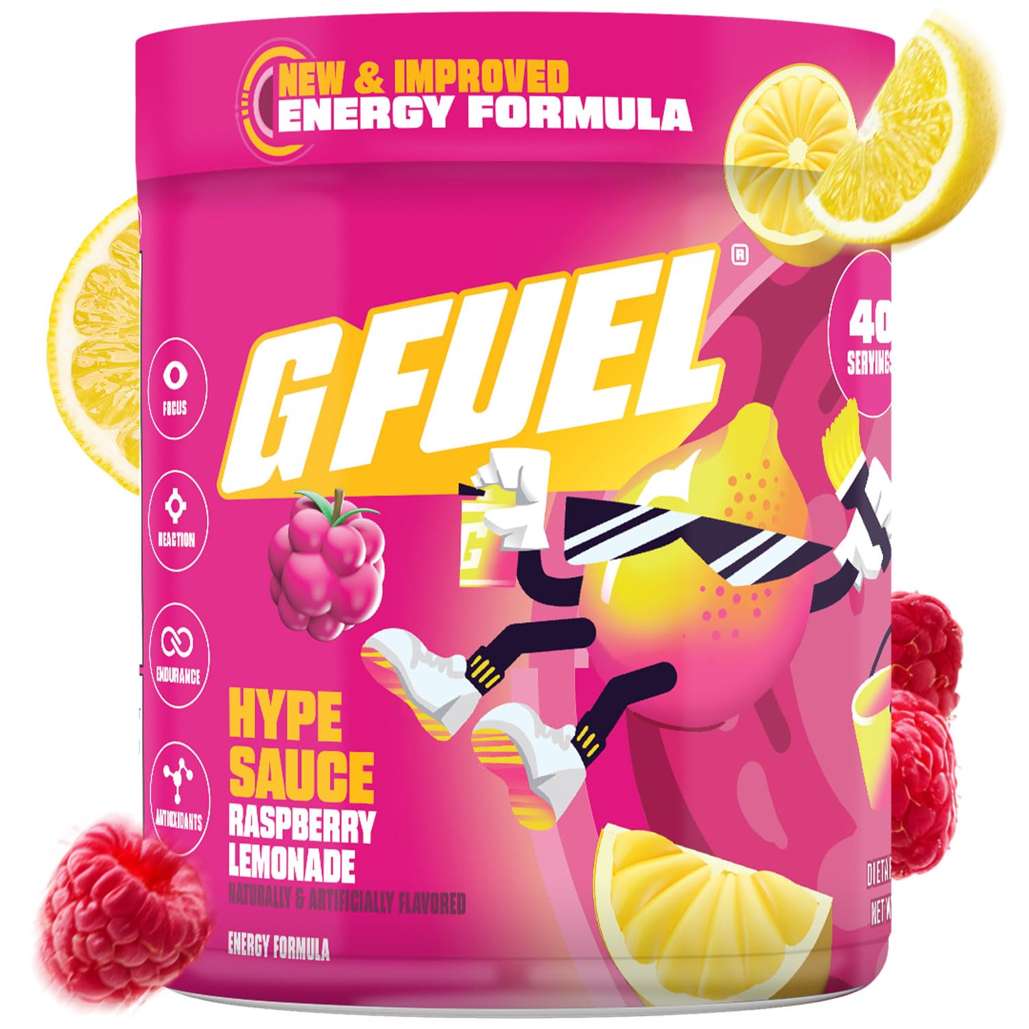 G Fuel Hype Sauce 2.0 Raspberry Lemonade powder in a tub, sugar-free energy for gaming.