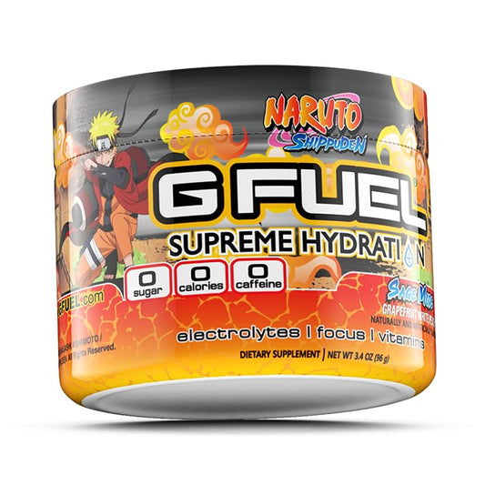 G Fuel Naruto Sage Supreme Hydration tub showing electrolyte blend for steady focus and hydration