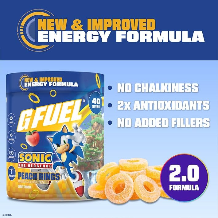 G Fuel Sonic 2.0 powder highlights vitamins and antioxidants for daily vitality.