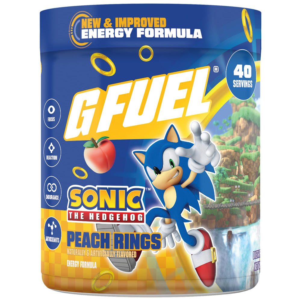 G Fuel Sonic 2.0 Peach Rings powder tub for clean energy during gaming sessions.