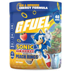 G Fuel Sonic 2.0 Peach Rings powder tub for clean energy during gaming sessions.