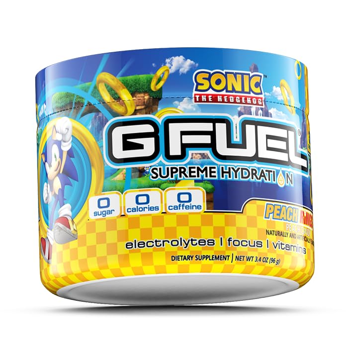G Fuel Sonic's Peach Rings Supreme Hydration pour captures convenient rehydration without caffeine.